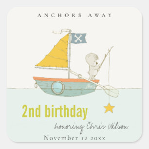 Cute Fishing Bear Star Sailboat Any Age Birthday Square Sticker
