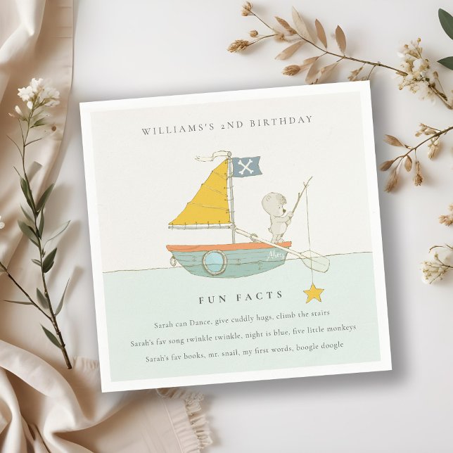 Cute Fishing Bear Star Sailboat Fun Facts Birthday Napkins (Creator Uploaded)