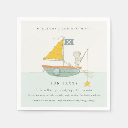 Cute Fishing Bear Star Sailboat Fun Facts Birthday Napkins