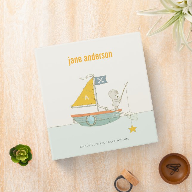 Cute Fishing Bear Star Sailboat Kids Monogram 3 Ring Binder (In Situ)
