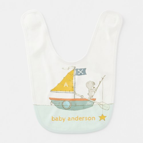 Cute Fishing Bear Star Sailboat Kids Monogram Baby Bib