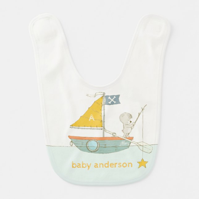 Cute Fishing Bear Star Sailboat Kids Monogram Baby Bib (Front)
