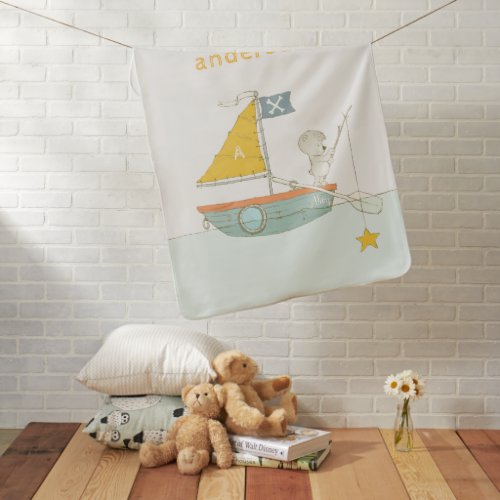 Cute Fishing Bear Star Sailboat Kids Monogram Baby Blanket