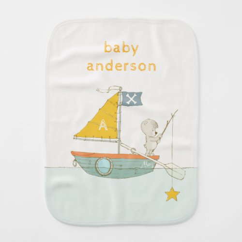 Cute Fishing Bear Star Sailboat Kids Monogram Baby Burp Cloth