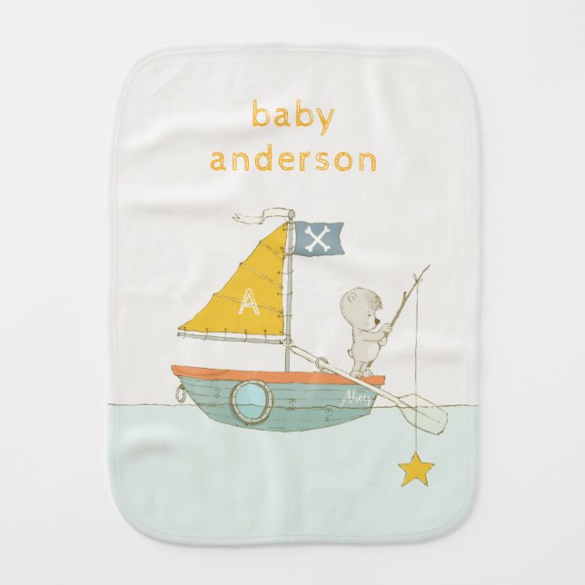 Cute Fishing Bear Star Sailboat Kids Monogram Baby Burp Cloth (Front)