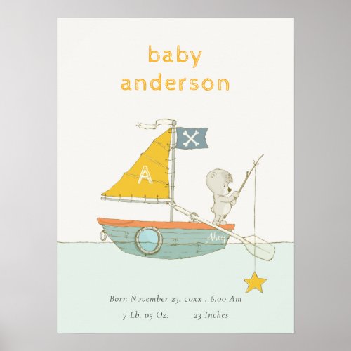 Cute Fishing Bear Star Sailboat Kids Monogram Baby Poster