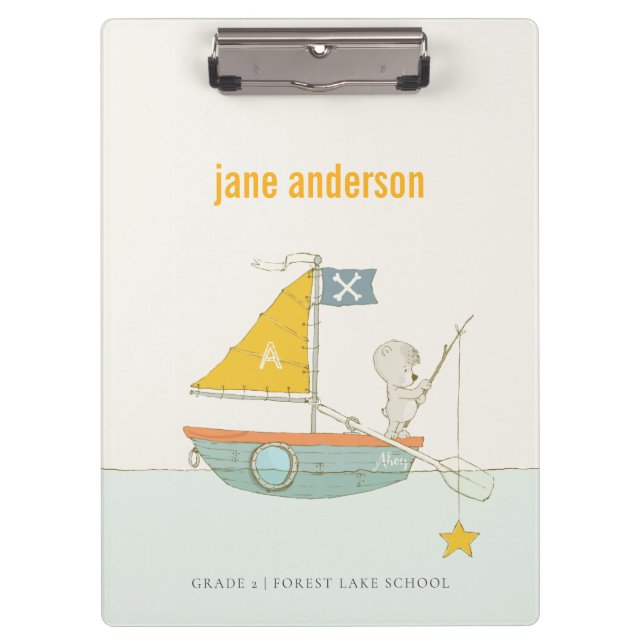Cute Fishing Bear Star Sailboat Kids Monogram Clipboard (Front)