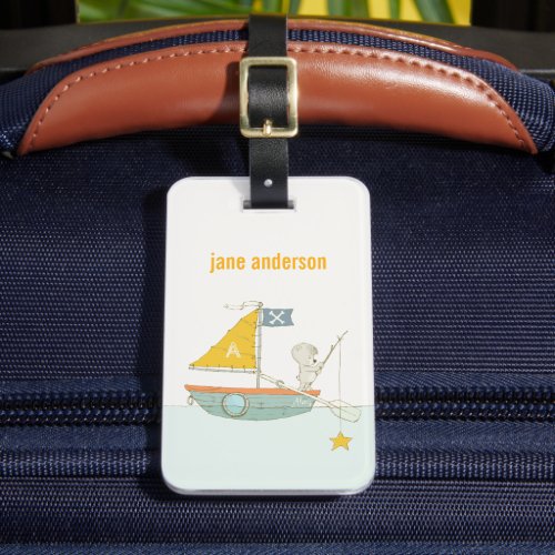 Cute Fishing Bear Star Sailboat Kids Monogram Luggage Tag