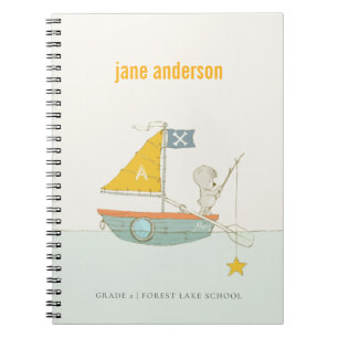 Cute Fishing Bear Star Sailboat Kids Monogram Notebook