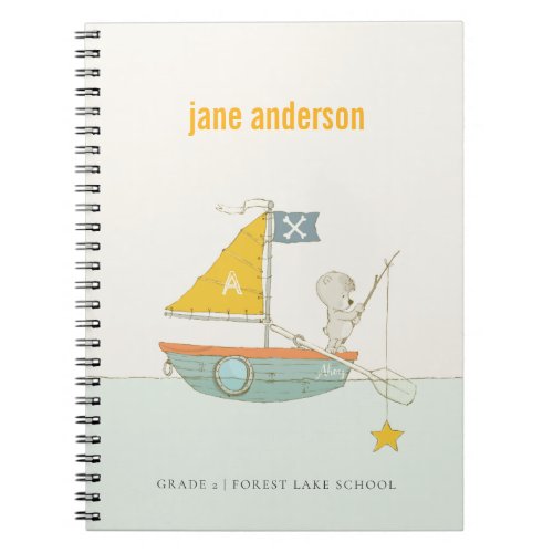 Cute Fishing Bear Star Sailboat Kids Monogram Notebook