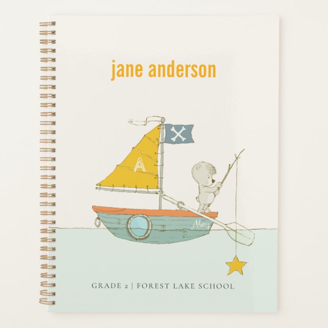 Cute Fishing Bear Star Sailboat Kids Monogram Planner (Front)