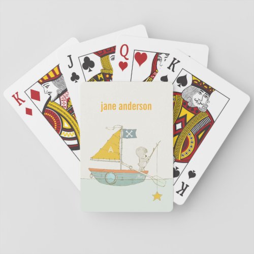 Cute Fishing Bear Star Sailboat Kids Monogram Playing Cards