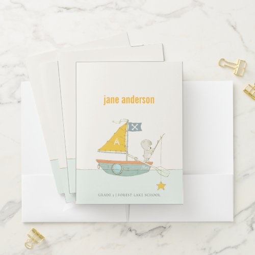 Cute Fishing Bear Star Sailboat Kids Monogram Pocket Folder