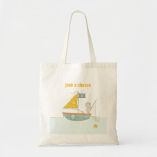 Cute Fishing Bear Star Sailboat Kids Monogram Tote Bag
