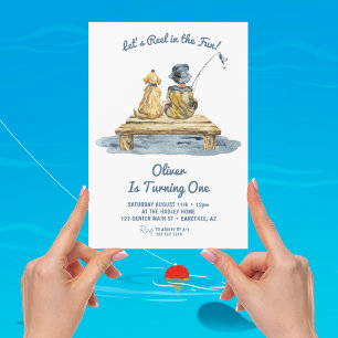Cute Fishing Boy 1st Birthday Invitation