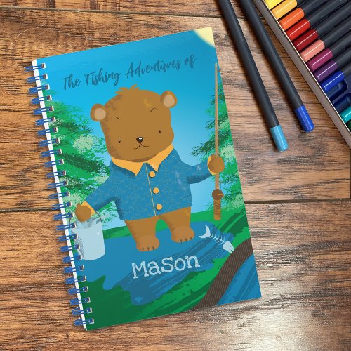 Cute Fishing Brown Bear Kid Spiral Notebook