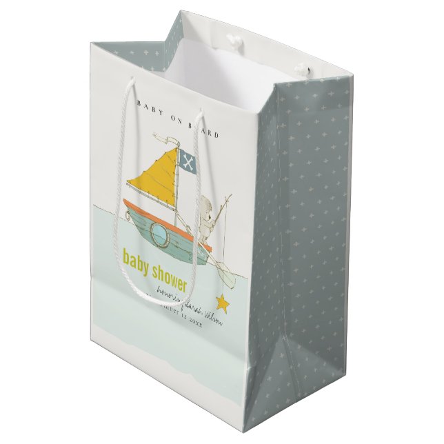Cute Fishing Teddy Bear Star Sailboat Baby Shower Medium Gift Bag (Front Angled)