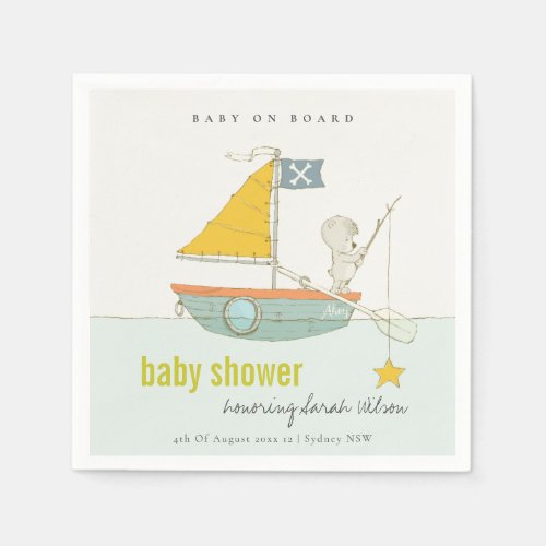 Cute Fishing Teddy Bear Star Sailboat Baby Shower Napkins