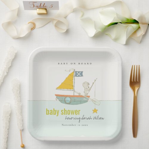 Cute Fishing Teddy Bear Star Sailboat Baby Shower Paper Plates