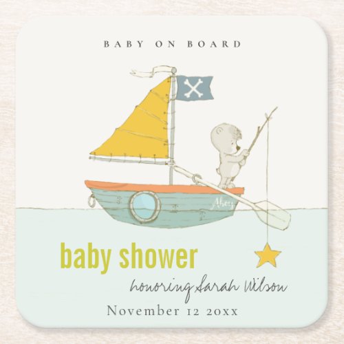 Cute Fishing Teddy Bear Star Sailboat Baby Shower Square Paper Coaster