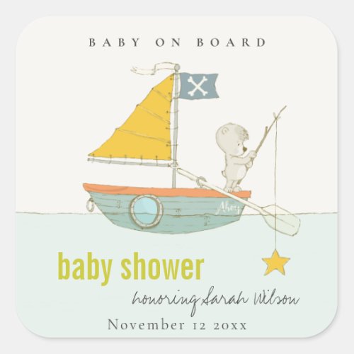Cute Fishing Teddy Bear Star Sailboat Baby Shower Square Sticker