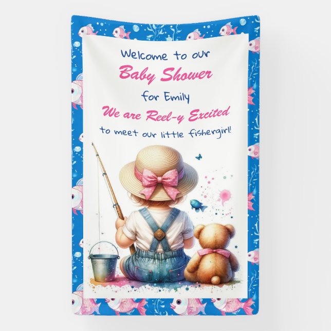 Cute Fishing Themed Girl's Baby Shower  Banner (Vertical)
