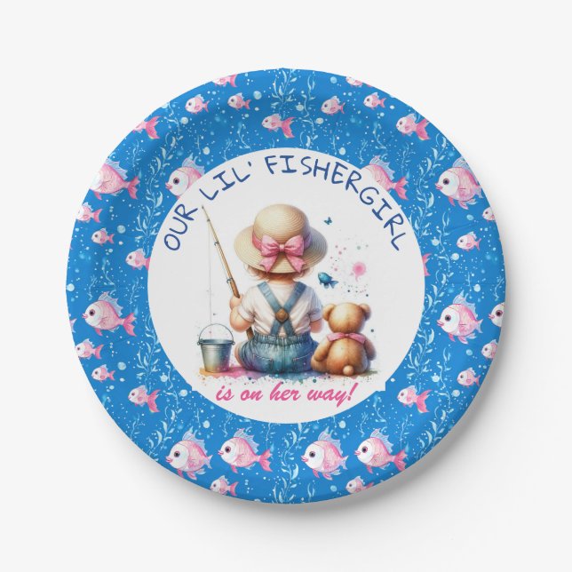 Cute Fishing Themed Girl's Baby Shower  Paper Plates (Front)