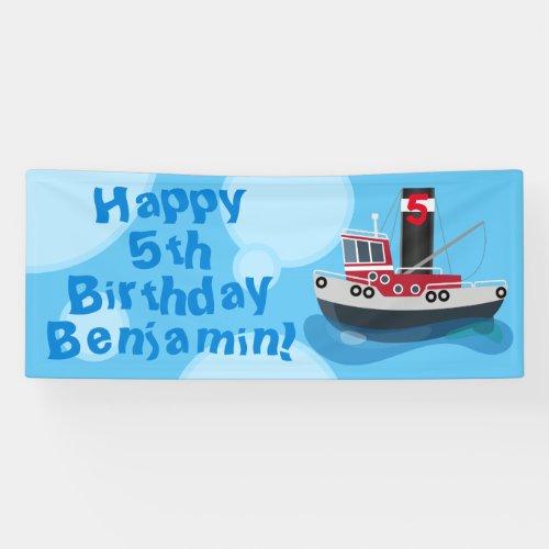 Cute fishing trawler boat cartoon birthday banner
