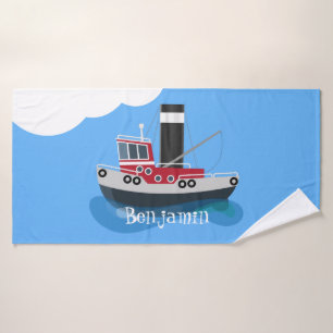 Cute fishing trawler boat cartoon illustration bath towel set