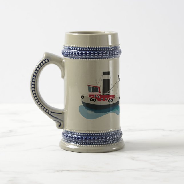 Cute fishing trawler boat cartoon illustration beer stein (Left)
