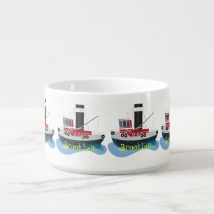Cute fishing trawler boat cartoon illustration bowl