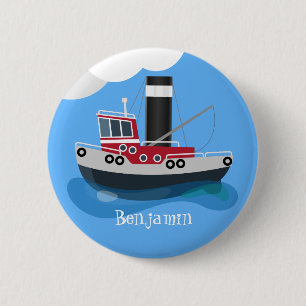 Cute fishing trawler boat cartoon illustration button