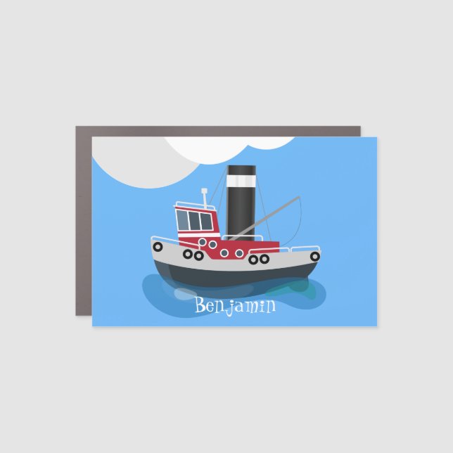 Cute fishing trawler boat cartoon illustration car magnet (Front)