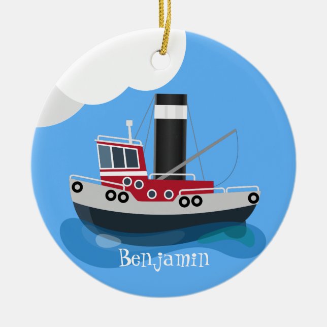 Cute fishing trawler boat cartoon illustration ceramic ornament (Front)