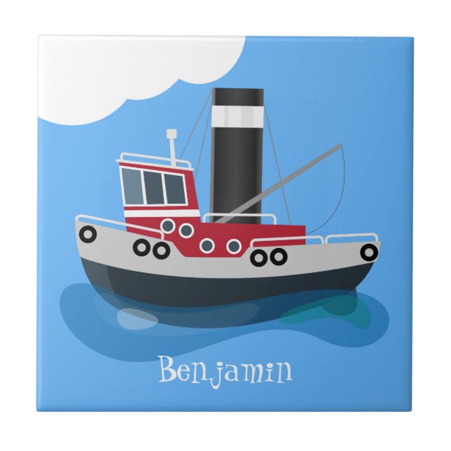 Cute fishing trawler boat cartoon illustration ceramic tile (Front)