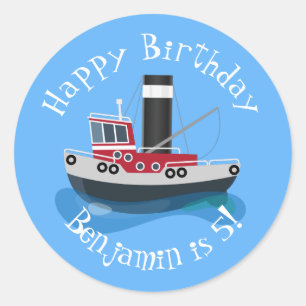 Cute fishing trawler boat cartoon illustration classic round sticker