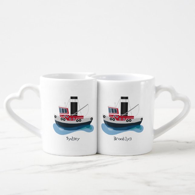 Cute fishing trawler boat cartoon illustration coffee mug set (Back Nesting)