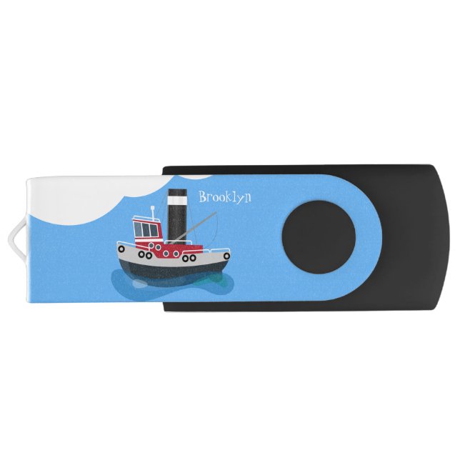 Cute fishing trawler boat cartoon illustration  flash drive (Back)