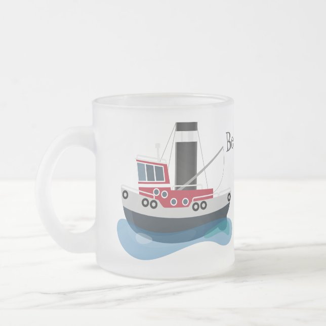 Cute fishing trawler boat cartoon illustration frosted glass coffee mug (Left)