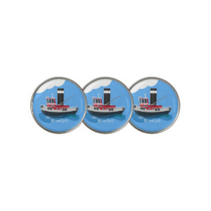 Cute fishing trawler boat cartoon illustration golf ball marker