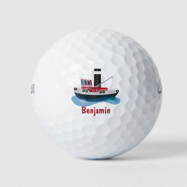 Cute fishing trawler boat cartoon illustration golf balls (Front)