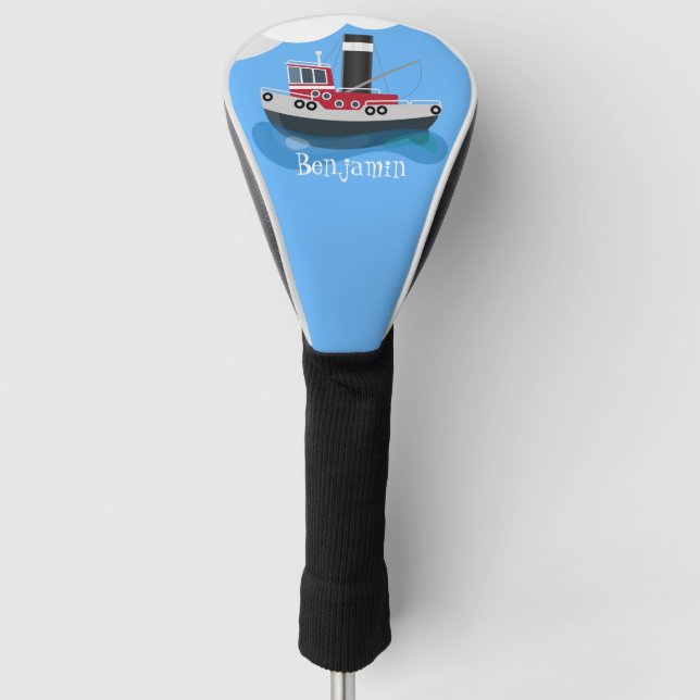 Cute fishing trawler boat cartoon illustration golf head cover (Front)