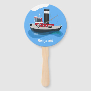Cute fishing trawler boat cartoon illustration hand fan