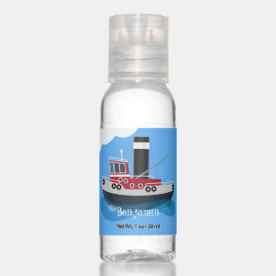 Cute fishing trawler boat cartoon illustration hand sanitizer