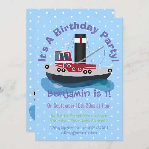 Cute fishing trawler boat cartoon illustration invitation