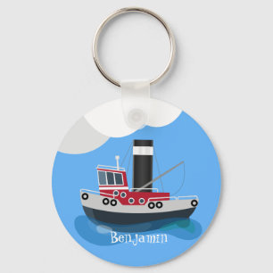 Cute fishing trawler boat cartoon illustration keychain