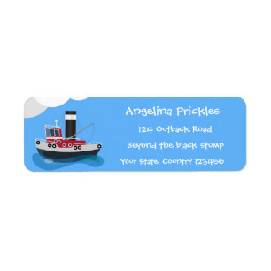 Cute fishing trawler boat cartoon illustration label
