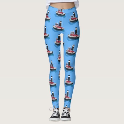 Cute fishing trawler boat cartoon illustration leggings