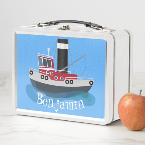 Cute fishing trawler boat cartoon illustration metal lunch box