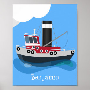 Cute fishing trawler boat cartoon illustration poster
